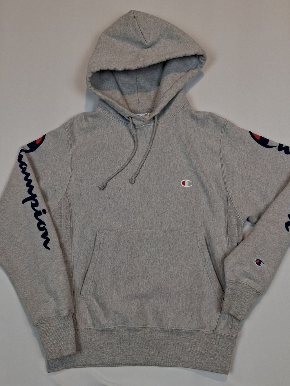 Champion Reverse Weave Hoodie Raised Felt Logo Mens Sm Gray Fleece Pullover GF68